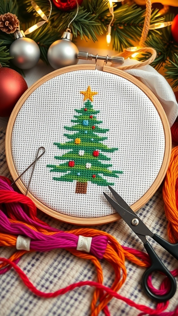 Merry Christmas Cross Stitch Patterns Completed Christmas tree cross stitch surrounded by crafting materials.